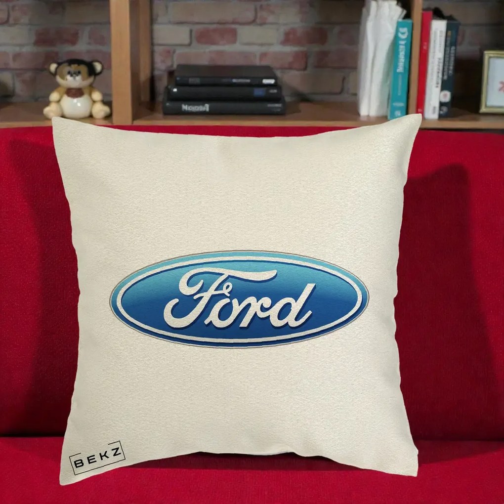 Perna Personalizata cu emblema Ford, 40x40 cm, Ecru, Husa Detasabila, Perna Inclusa, BEKZ®