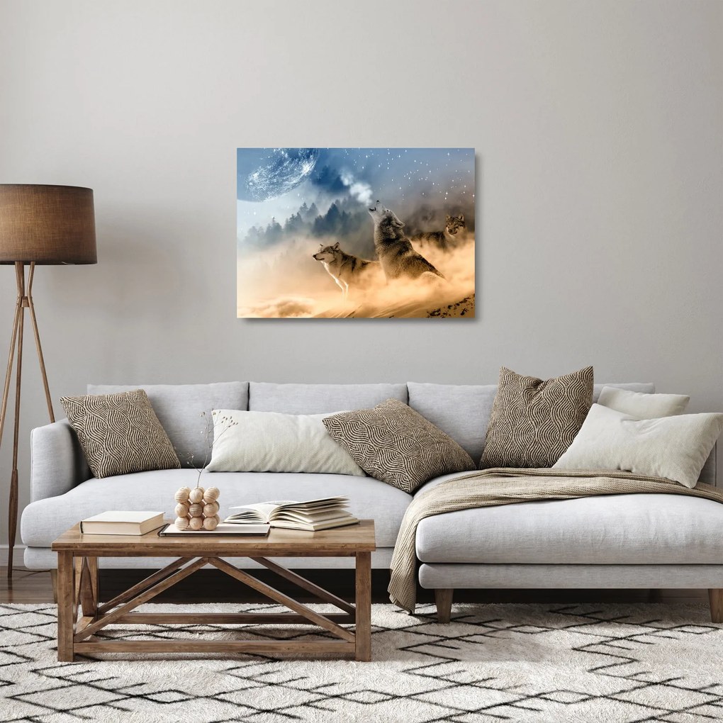 Tablou pe sticlă - lupii urlând la lună (70x50 cm)
