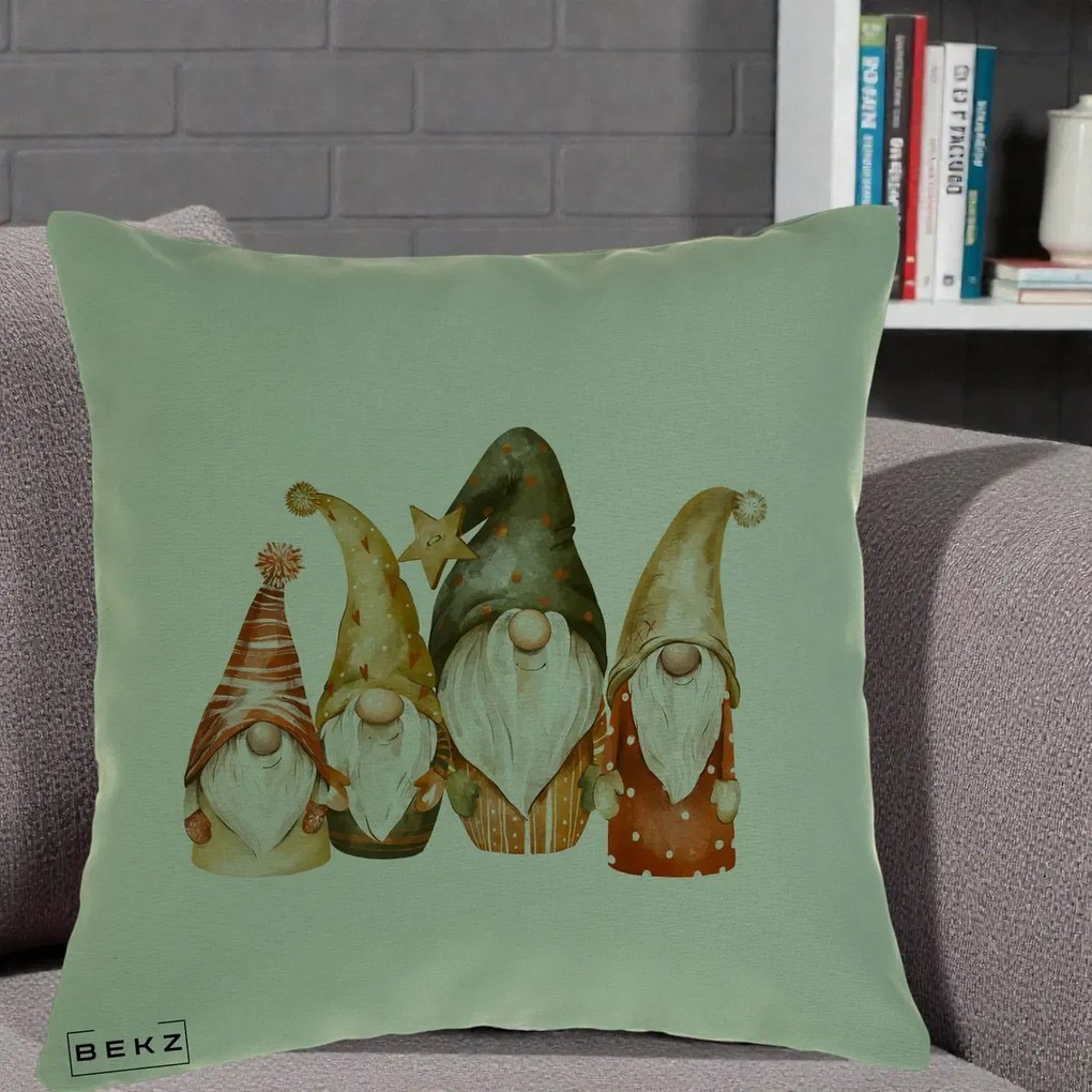 Perna Decorativa Gnomi de Craciun Patru, 40x40 cm, Verde, Husa Detasabila, Perna Inclusa, BEKZ®