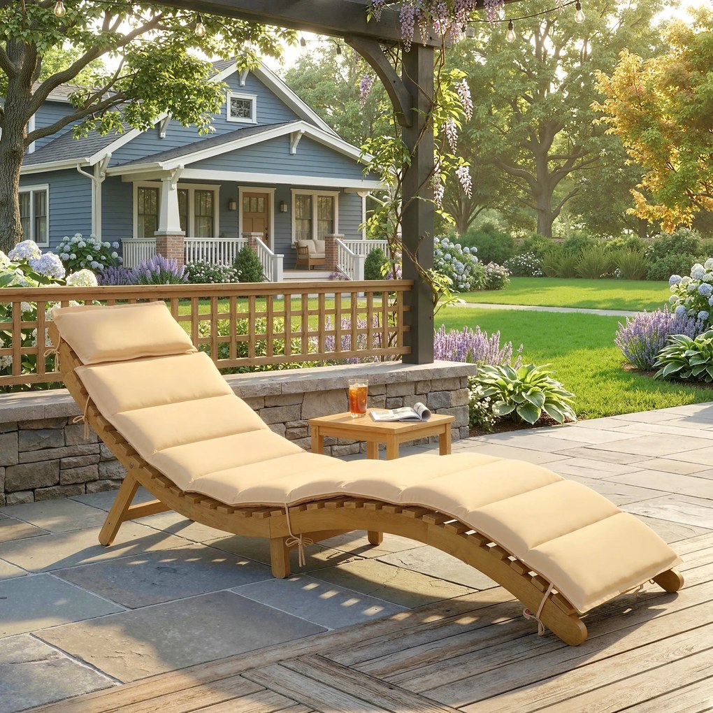 Outsunny Șezlong pliabil rezistent la intemperii din lemn cu tapițerie, suport pentru cap și mâner de transport 183 x 54 x 63 cm, Bej | Aosom Romania