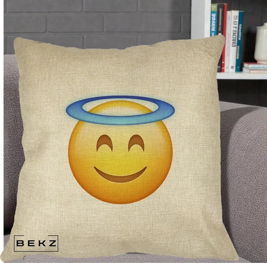 Perna Decorativa Emoji Inger cu Aureola, 40x40 cm, Crem, Husa Detasabila, Perna Inclusa, BEKZ®