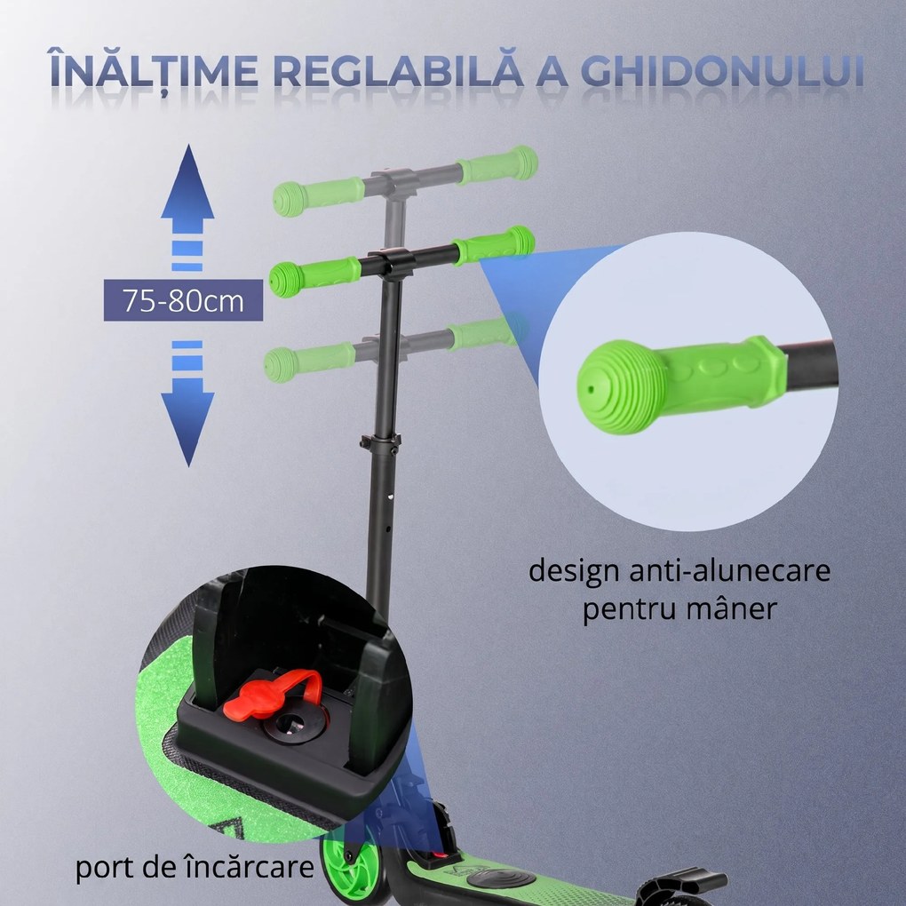 HOMCOM Trotinetă Electrică Pliabilă pentru Copii de 6+ Ani cu Înălțime Reglabilă, 71x36.5x75-80 cm, Verde | Aosom Romania