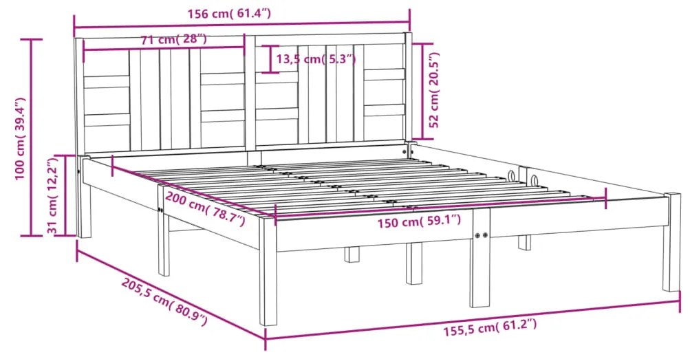 Cadru de pat 5FT King Size, gri, 150x200 cm, lemn masiv Gri, 150 x 200 cm