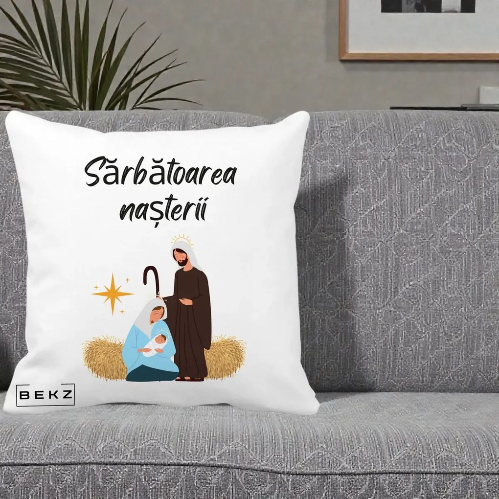 Perna Decorativa Nasterea Domnului Sfanta Familie Sarbatoarea Nasterii, 40x40 cm, Alba Mata, Husa Detasabila, Perna Inclusa, BEKZ®