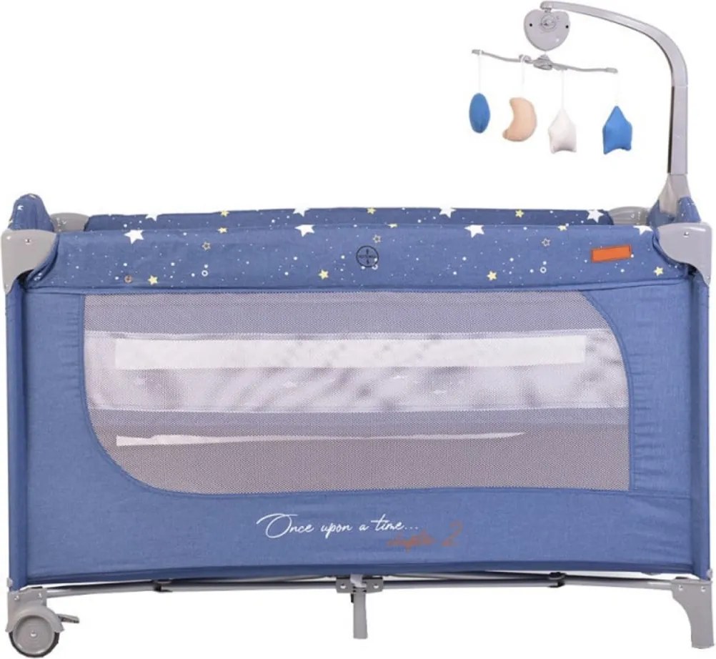 Patut pliant transformabil in tarc copii NOVOKIDS™ Onceuponatime NEST, 62X125 cm, 2 Niveluri, Jucarie Carusel muzical, Fermoar acces lateral, Albastru