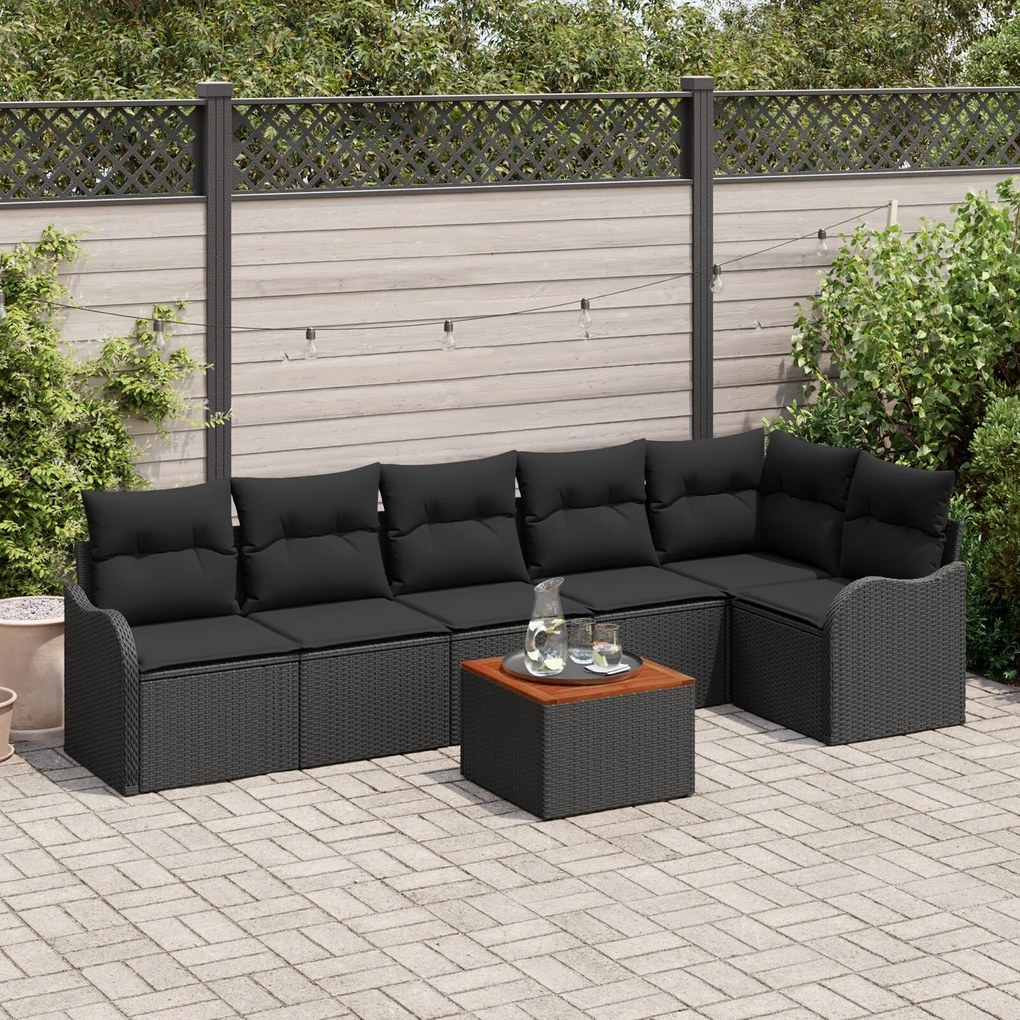 vidaXL Set de canapea de grădină 7 pcs Negru Mari Rattan, Lemn
