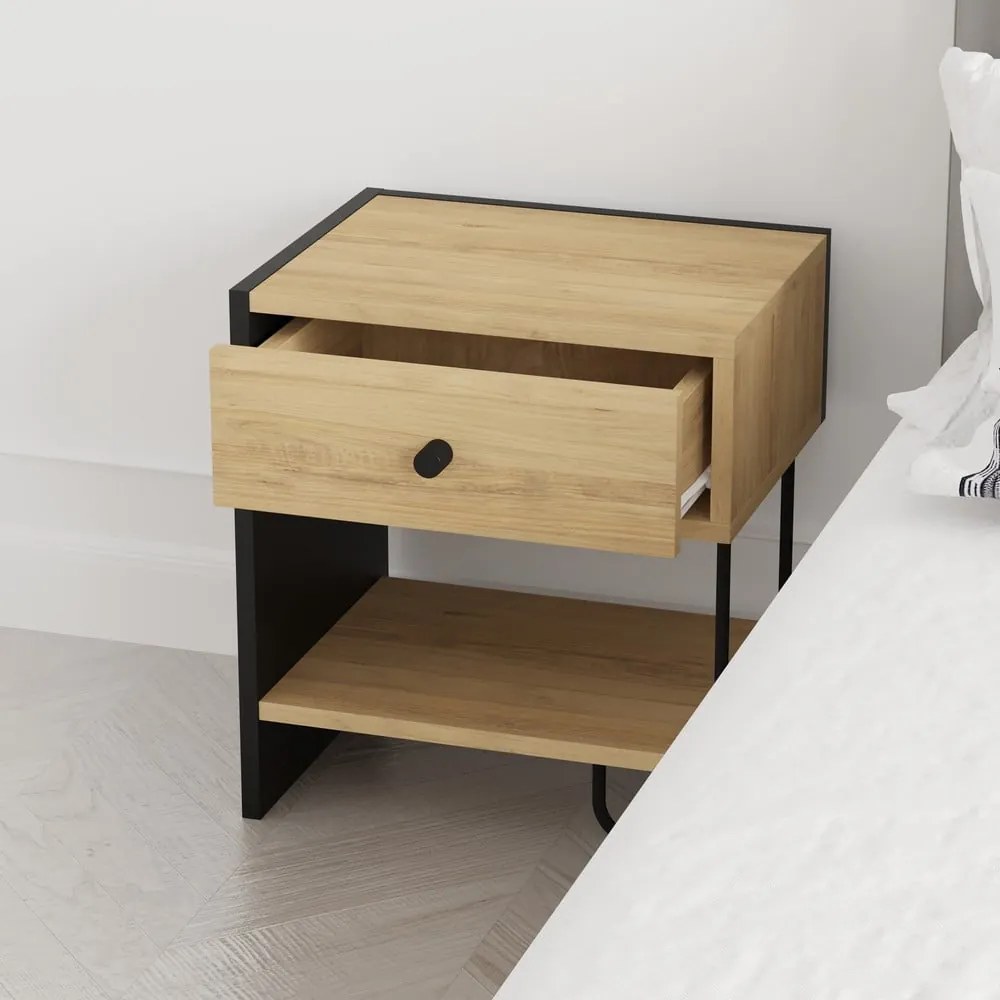 Noptieră neagră/în culoare naturală cu rafturi cu aspect de lemn de stejar Saturne – Marckeric