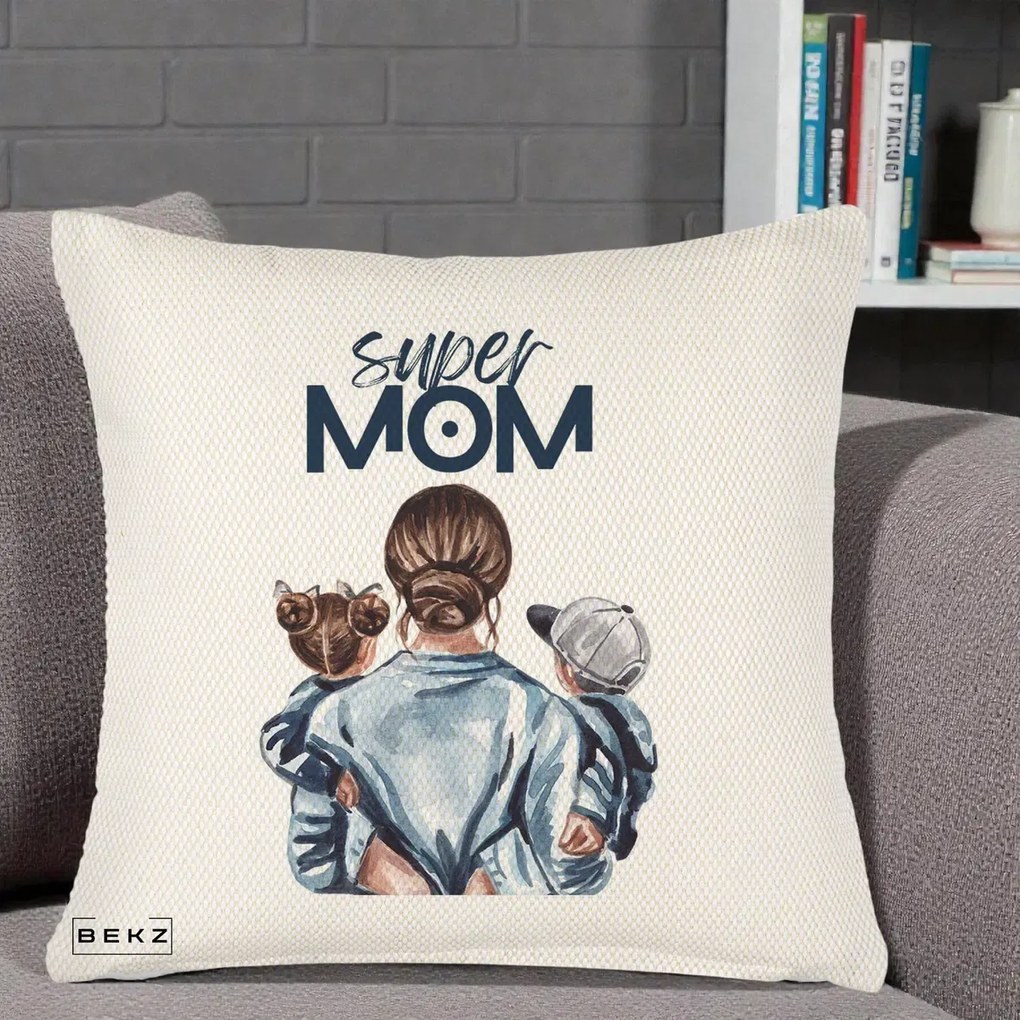 Cadou pentru Mama - Perna Personalizata Super Mom, 40x40 cm, Crem Reliefat, Husa Detasabila, Perna Inclusa, BEKZ®