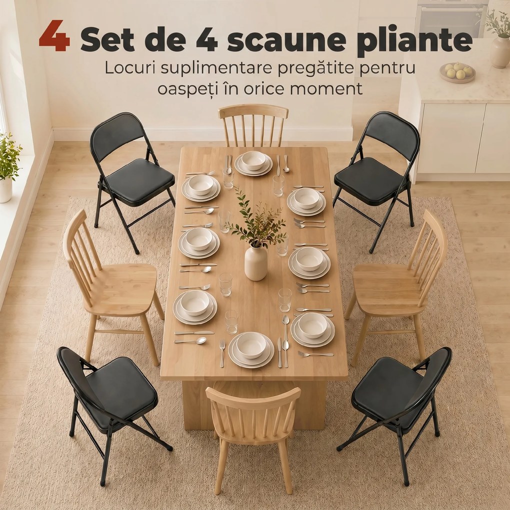 HOMCOM Set de 2 Scaune Pliabile Metalice, Tapițate cu Piele Ecologică PU, pentru Interior, cu Șezut Confortabil și Spătar Deschis | Aosom Romania