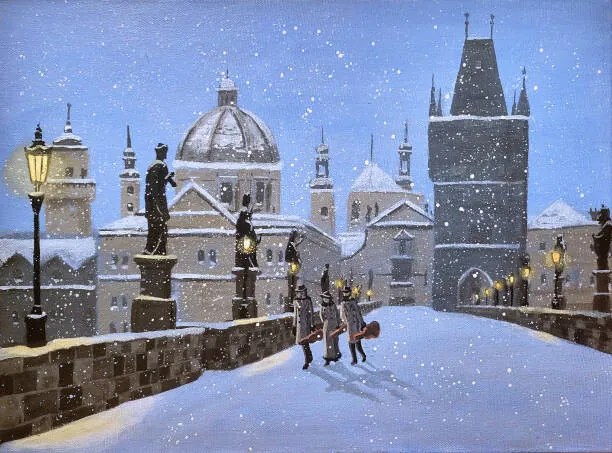 Ilustrație Prague Musicians Cross the Karluv Most, Dave Rheaume Artist