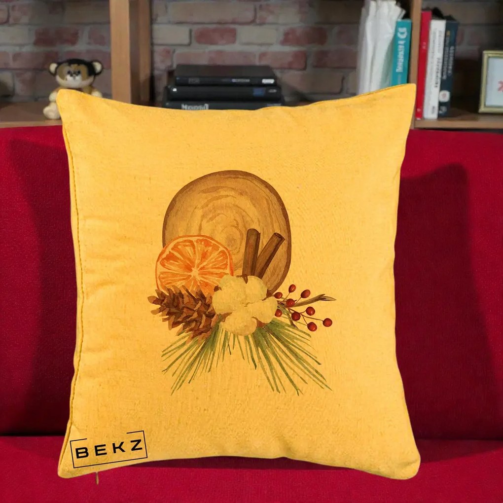 Perna Decorativa Aranjament de Craciun Nordic, 40x40 cm, Galben, Husa Detasabila, Perna Inclusa, BEKZ®