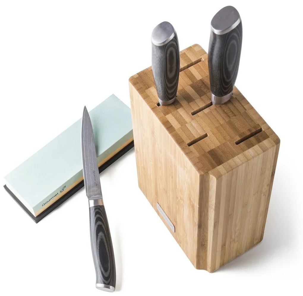 Set de cuțite G21 Gourmet Damascus în bloc de bambus 3 bucăți + piatră de ascuțit