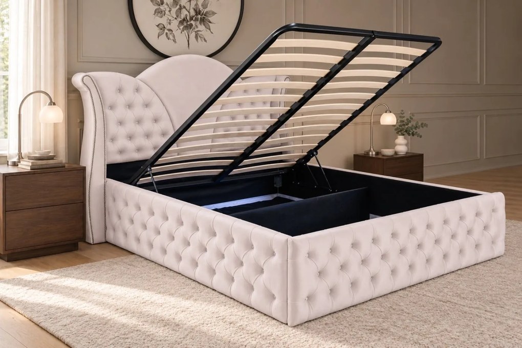 Pat tapițat Chesterfield din catifea Velora Deluxe 180×200 cm, crem, cu ladă de depozitare