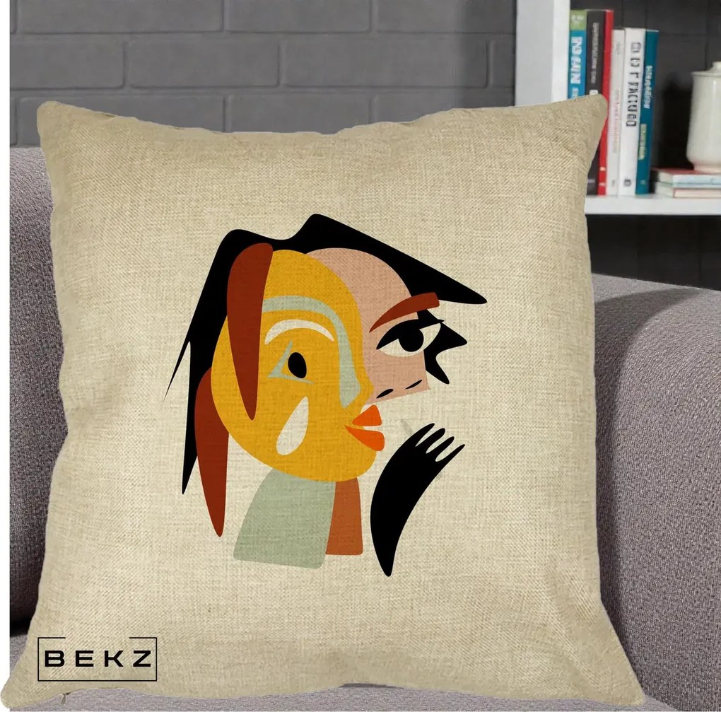Perna Decorativa Portret Abstract Galben-Ocru, 40x40 cm, Crem, Husa Detasabila, Perna Inclusa, BEKZ®
