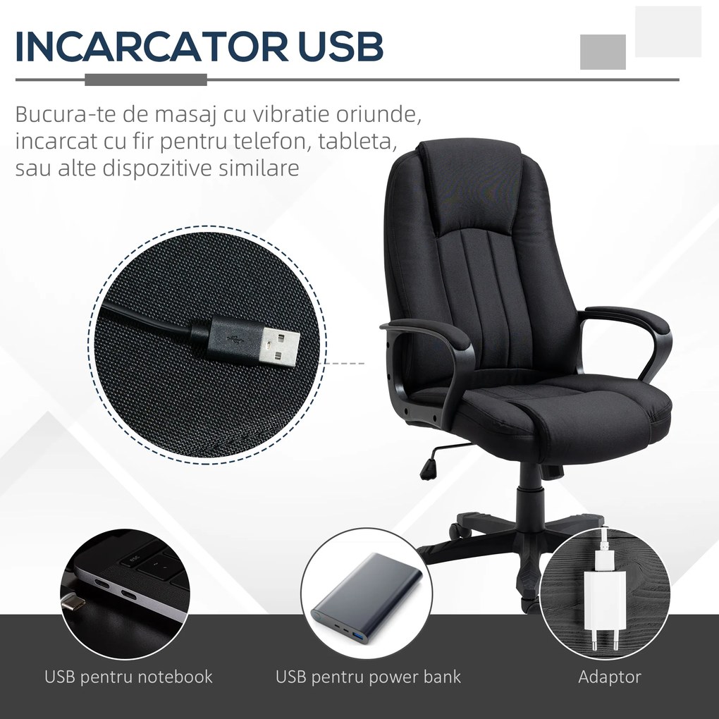 Fotoliu Birou cu Masaj, Interfata USB si Inaltime Reglabila, Tesatura efect in, Roti pivotante 60x74x106-116cm, Negru Vinsetto | Aosom Romania