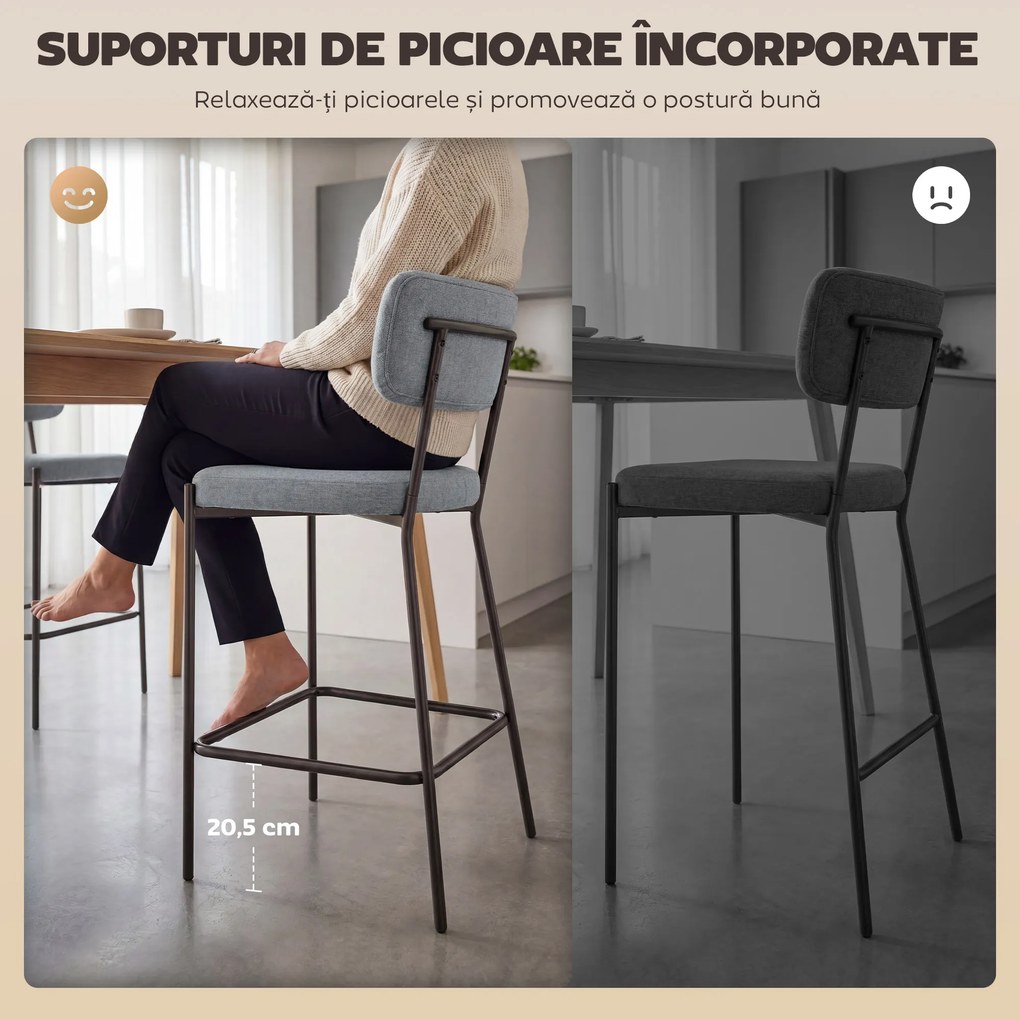 HOMCOM Set de 2 Scaune de Bar cu Spătar și Tapițate, Scaune Înalte din Material Textil cu Bară pentru Sprijinirea Picioarelor și Structură Metalică, Ușor de Asamblat, Gri Deschis | Aosom Romania