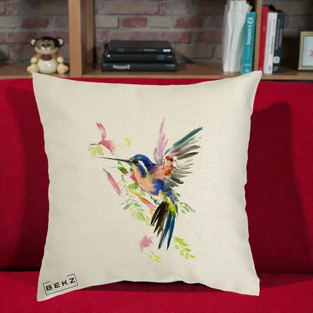 Perna Decorativa Colibri Acuarela, 40x40 cm, Ecru, Husa Detasabila, Perna Inclusa, BEKZ®