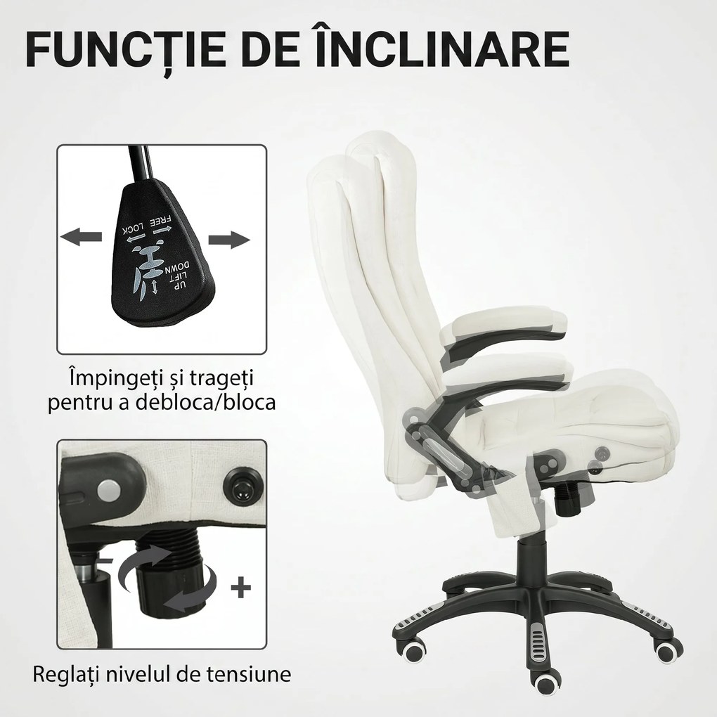 Vinsetto Scaun de Birou Reclinabil cu Masaj, Înălțime Reglabilă, Telecomandă, Textil cu Aspect de In, Crem | Aosom Romania