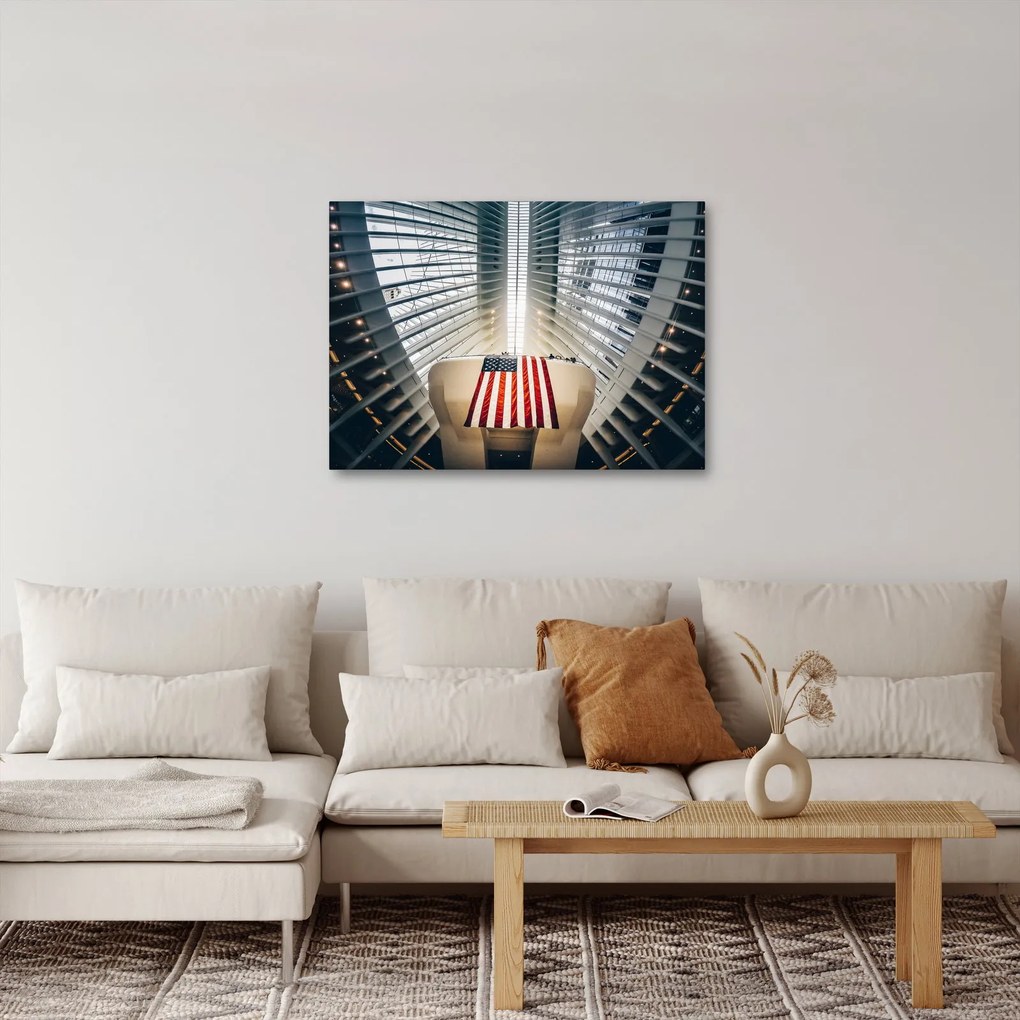 Tablou unei construcții cu steagul SUA (70x50 cm)