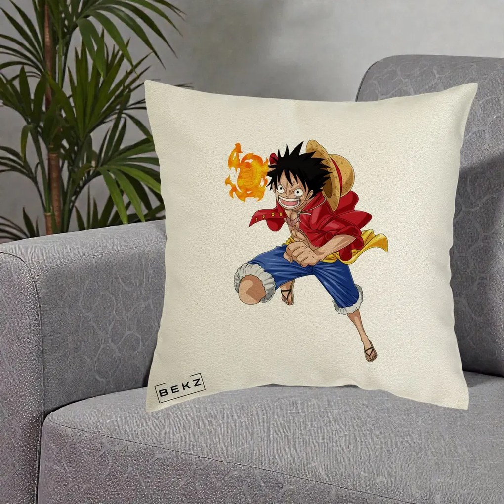 Perna Personalizata One Piece Luffy Gear Second Foc, 40x40 cm, Ecru, Husa Detasabila, Perna Inclusa, BEKZ®