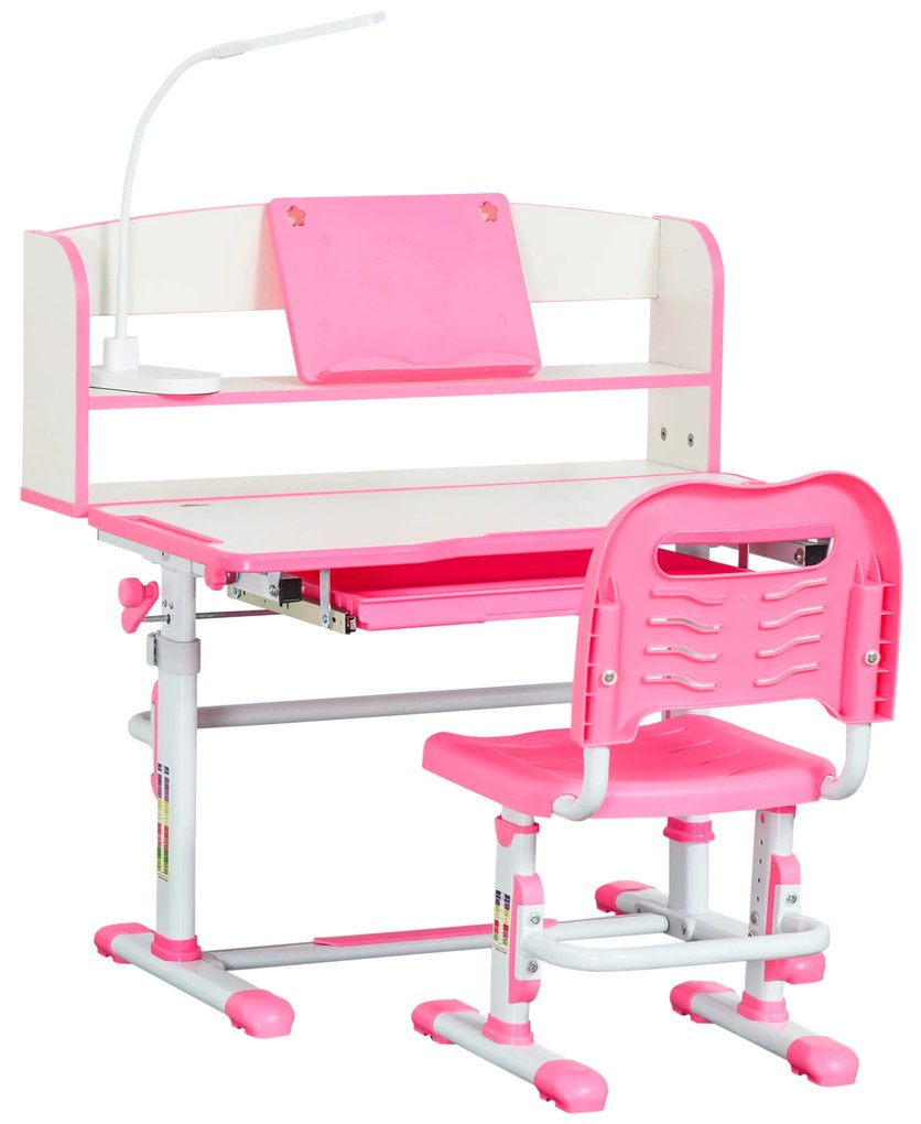 HOMCOM Birou Copii 6-12 Ani, Reglabile pe Înălțime cu Blat Înclinabil la 45°, cu Bancă și Scaun, 80x54,5x82-104 cm, Roz | Aosom Romania