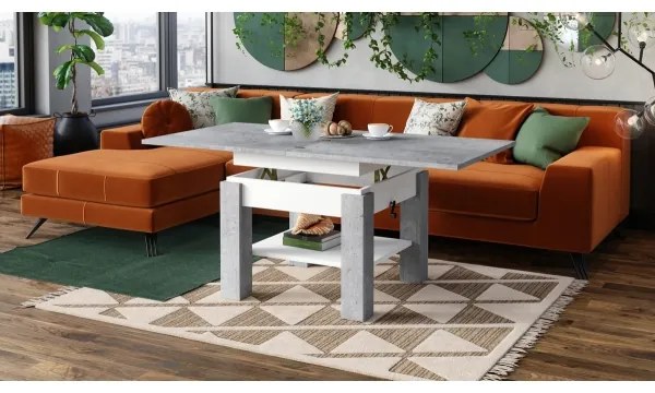 Masă extensibilă CALEB pentru living și dining cu blat cu mecanism de ridicare, gri beton/alb