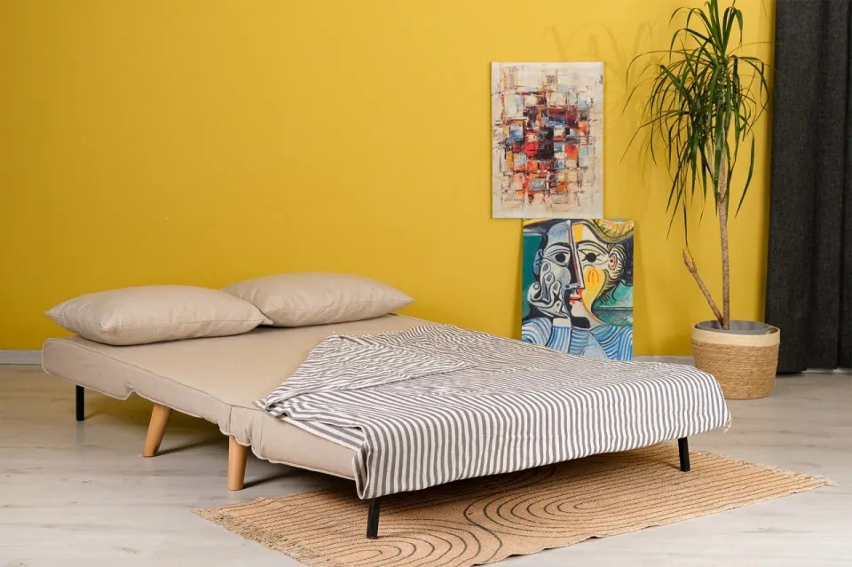 Canapea Extensibila 2 Locuri, Cadru Metalic, Folde, Crem