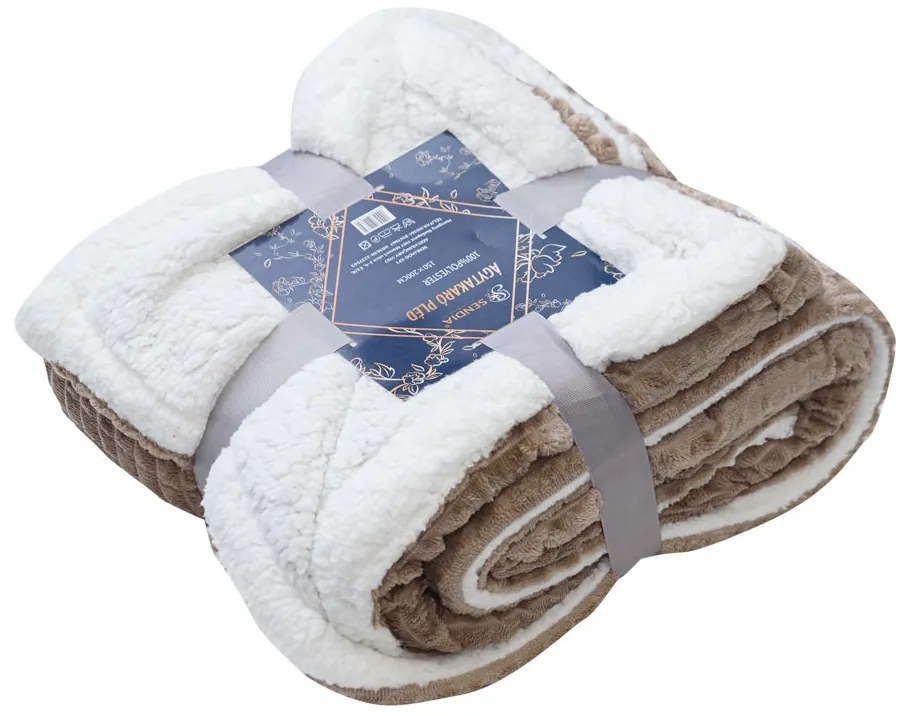 Patura de lux din microplus cu model/blana sintetica Culoare maro deschis, 150x200 cm