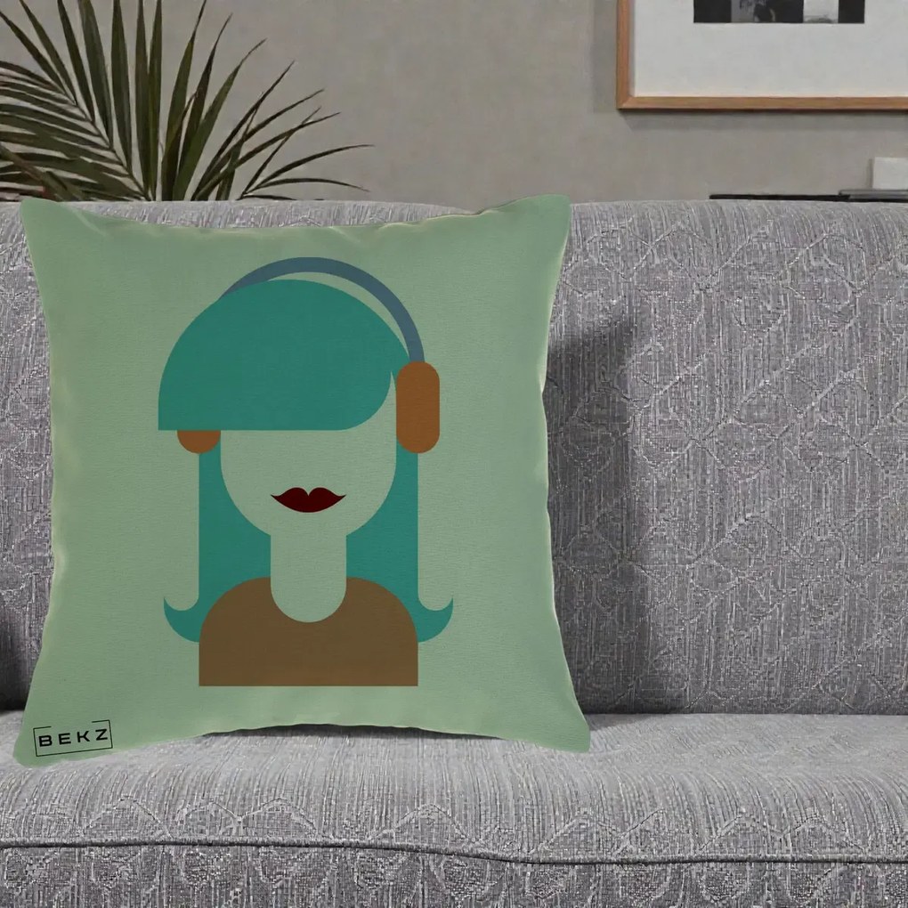 Perna Decorativa Fata cu Casti Muzica Grafic, 40x40 cm, Verde, Husa Detasabila, Perna Inclusa, BEKZ®
