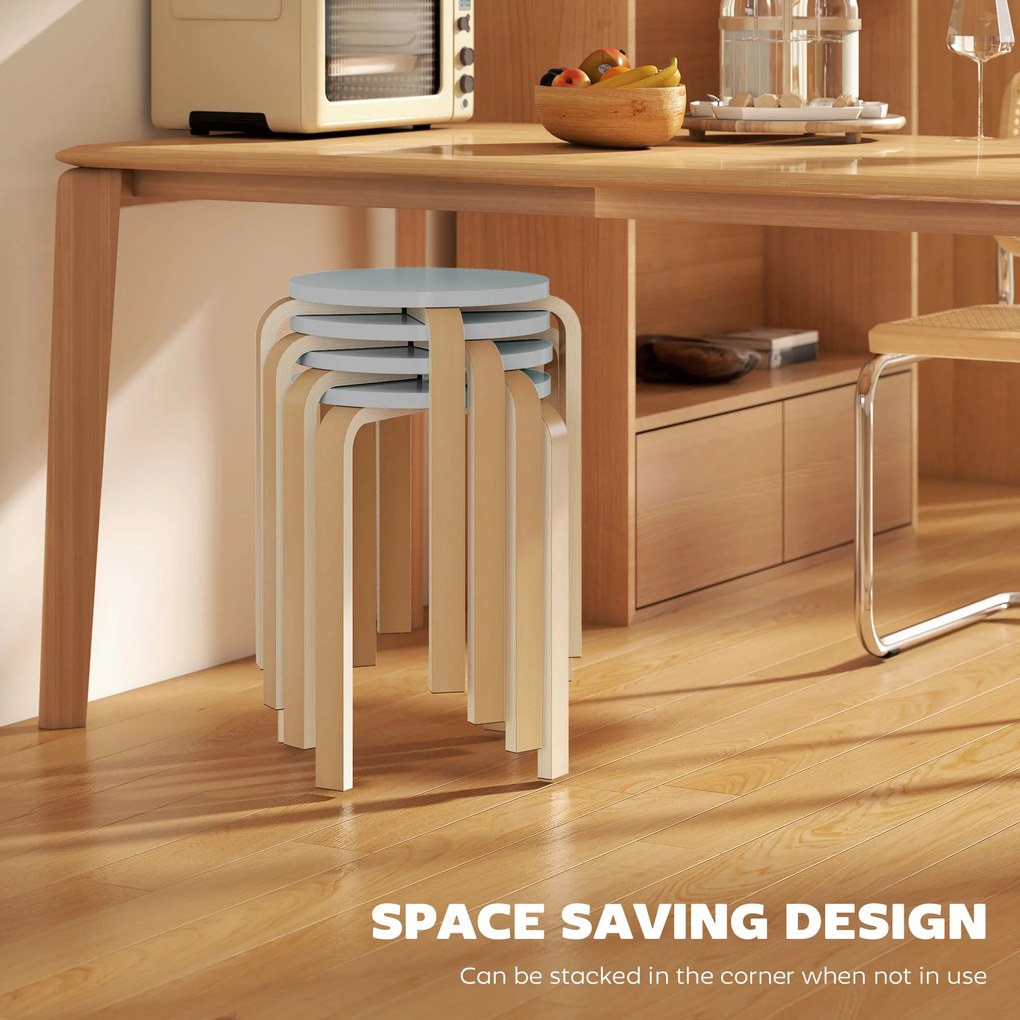 HOMCOM Set de Scaune Stivuibile pentru 4 Persoane, Scaune Moderne de Stivuire, Scaune Rotunde fără Spate, 40x40x45 cm, Lemn Natural | Aosom Romania