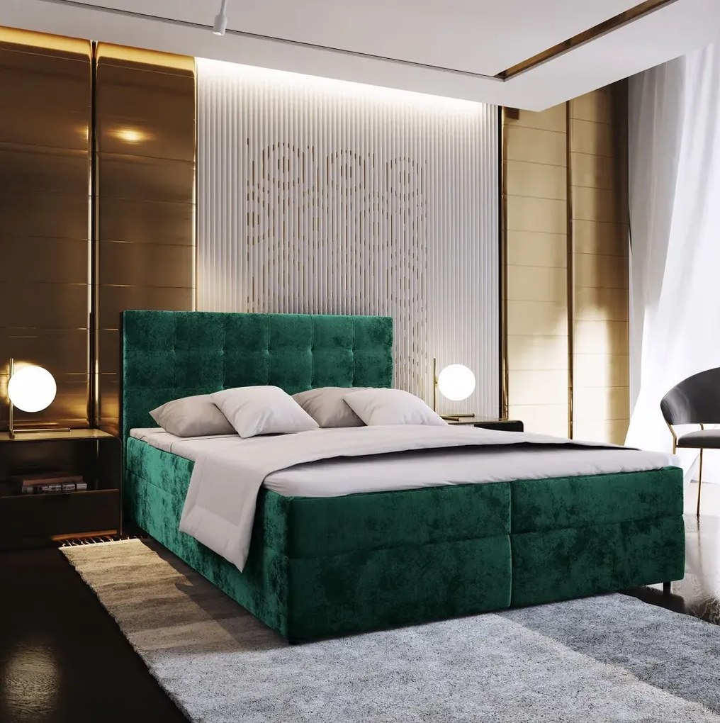 Pat tapițat boxspring GLORIEN VELVET 140x200 cm verde inchis Saltele: Saltea cu arcuri Bonell
