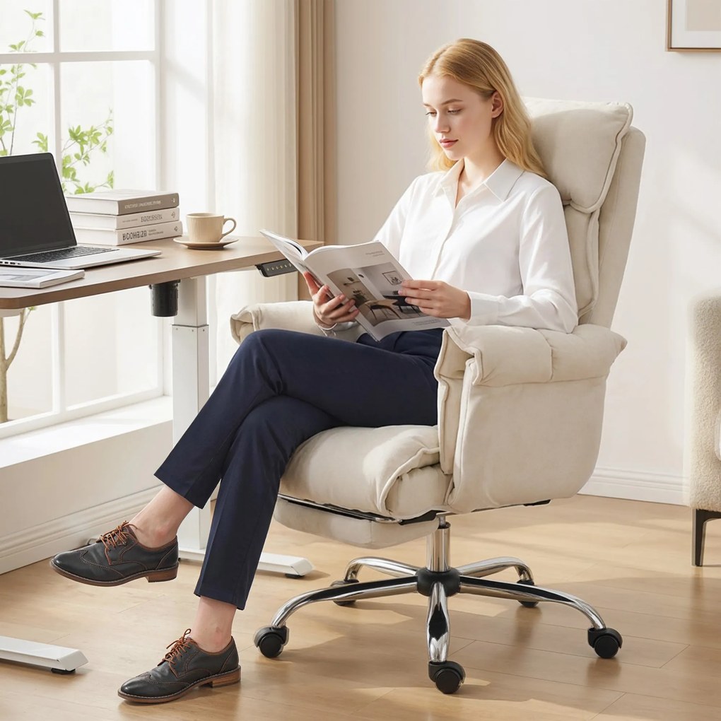 HOMCOM Scaun de birou Scaun rotativ reglabil pe înălțime cu suport lombar, suport pentru picioare, flanel Snow, 80 x 80 x 106-114 cm Alb crem | Aosom Romania