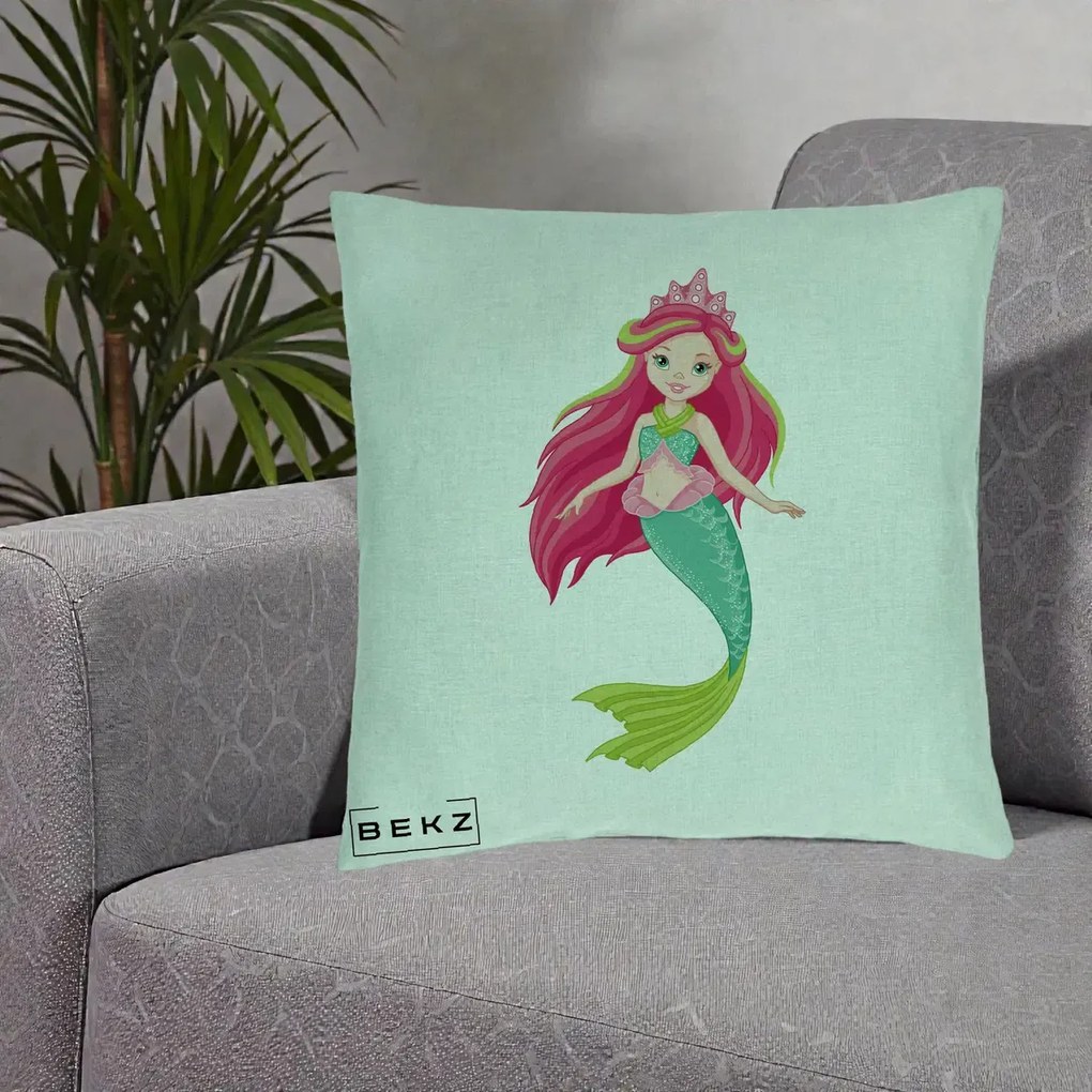 Perna Decorativa Sirena Roz cu Coroana, 40x40 cm, Verde Menta, Husa Detasabila, Perna Inclusa, BEKZ®