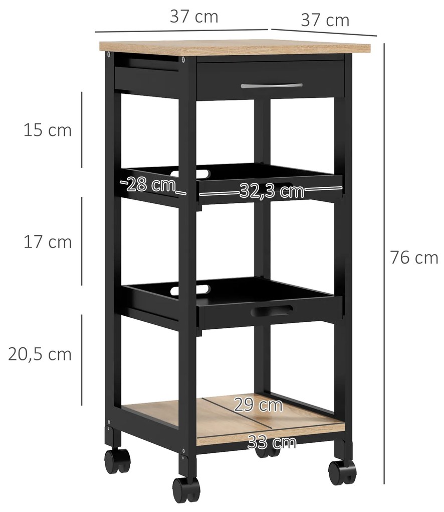 HOMCOM Cărucior de servire pentru bucătărie pe roți, 2 tăvi detașabile, sertar, raft, stejar deschis, lemn de pin, negru | Aosom Romania