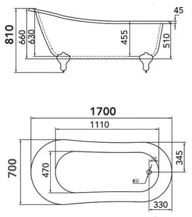 Cada baie freestanding, retro, Jully Bella Casa, acril, 170 x 70 cm