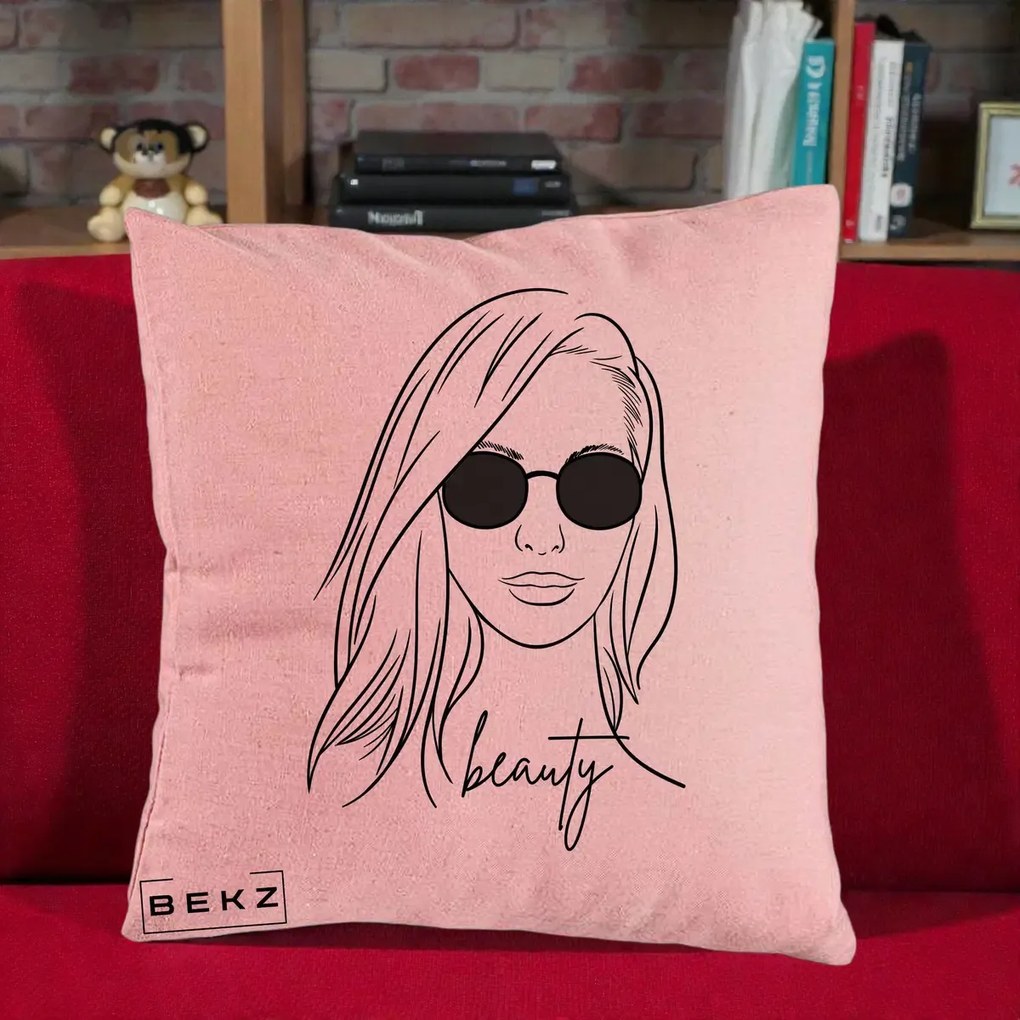 Perna Decorativa Beauty Girl Line Art, 40x40 cm, Roz, Husa Detasabila, Perna Inclusa, BEKZ®