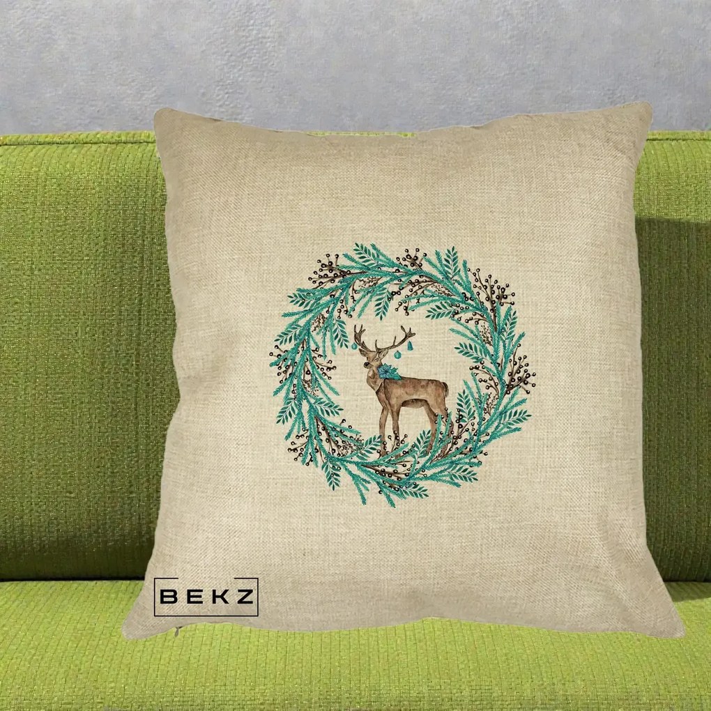 Perna Decorativa Coroana Turcoaz cu Ren, 40x40 cm, Crem, Husa Detasabila, Perna Inclusa, BEKZ®