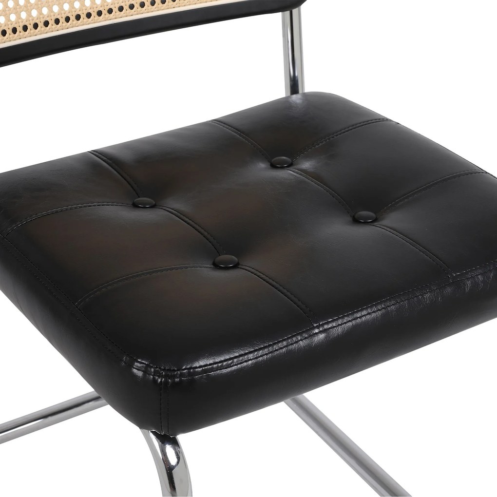 Set de 2 scaune de prânz din ratan, spătar din plasă fără brațe, picioare din metal cromat, Negru