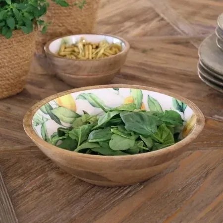 Bol decorativ pentru servire, stil mediteranean, decor lămâi, din lemn de mango, „Tours”
