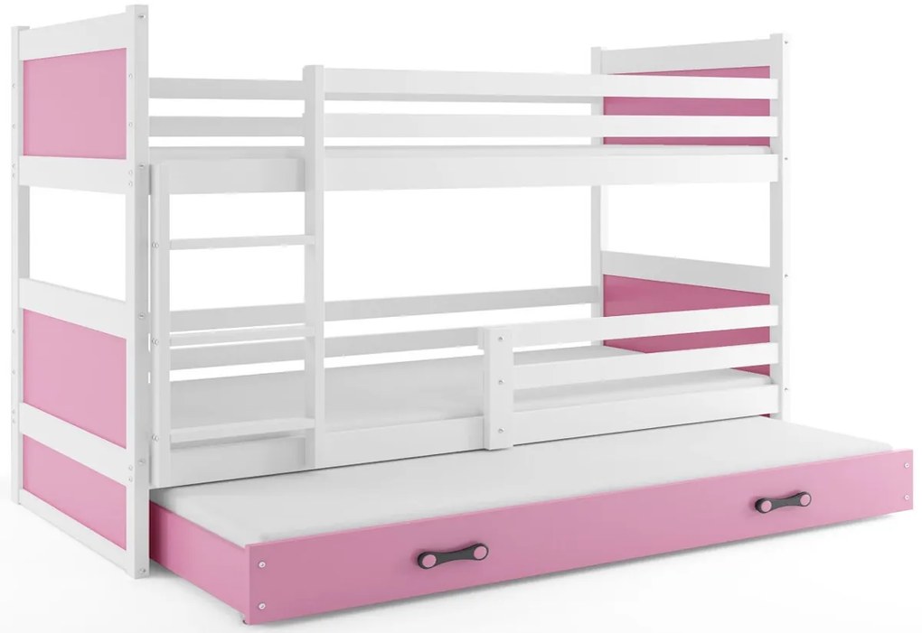 Supermobel Pat supraetajat FIONA 3 COLOR + saltea + somieră GRATIS, 90x200 cm, alb, roz