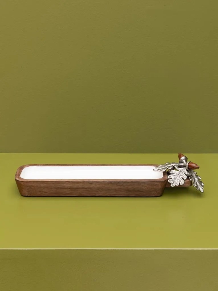Platou decorativ din lemn de mango decorat cu ghinde și frunze de stejar din aluminiu auriu și argintiu, formă dreptunghiulară, 2 × 38 × 10 cm,
