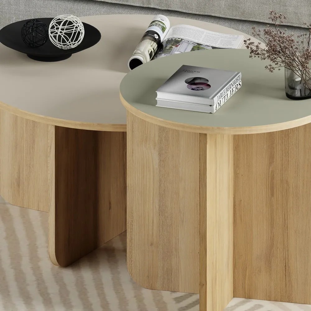 Măsuțe de cafea crem/în culoare naturală 2 buc. rotunde cu aspect de lemn de stejar ø 70 cm Hillary – Marckeric