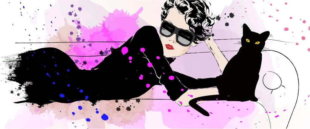 Tablou - Femeia cu pisică neagră (120x50 cm)