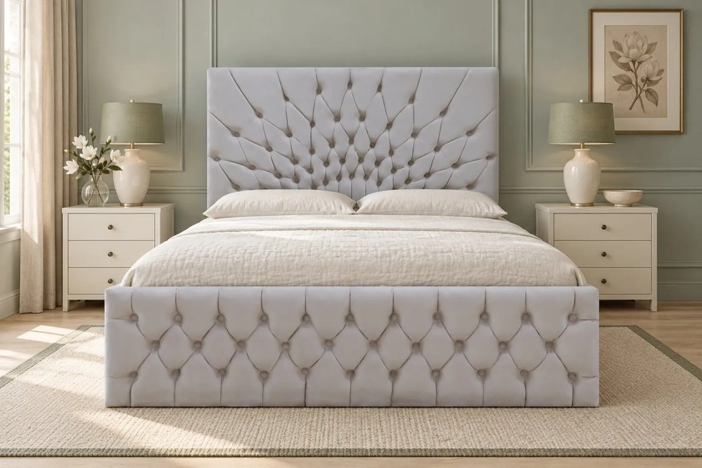 Pat tapițat Chesterfield din catifea Venezia 160×200 cm, gri deschis, cu ladă de depozitare