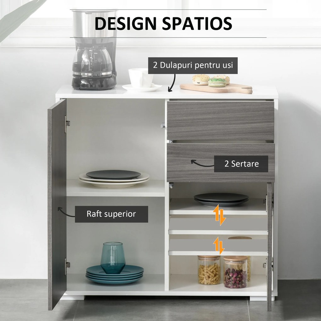 HOMCOM Comodă Multifuncțională cu 2 Sertare și 2 Dulapuri, 79x36x74 cm, Gri | Aosom Romania