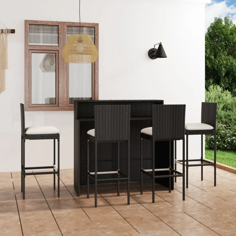 Set mobilier bar de grădină cu perne, 5 piese, negru