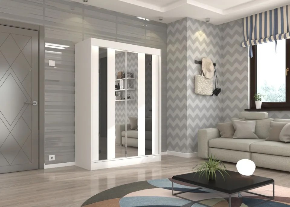 Dulap cu usi glisante si oglinda 150x215 cm, Keita, ADRK Furniture (Culoare: Craft / Negru Lacobel)