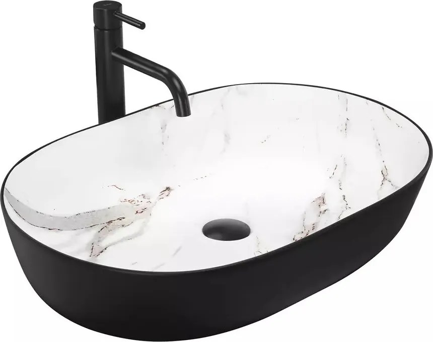 Lavoar pe blat Rea Cleo Aiax oval finisaj alb piatra - negru mat 60 cm