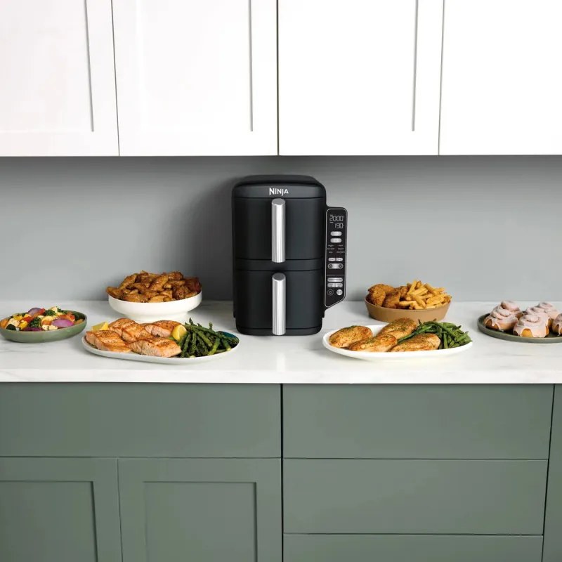 Friteuza dubla cu aer cald Ninja SL300EU, 2470W, 7.6 L, 40-240°C, 2 cosuri, 6 programe, Sincronizare, Timer, Auto stop, Negru