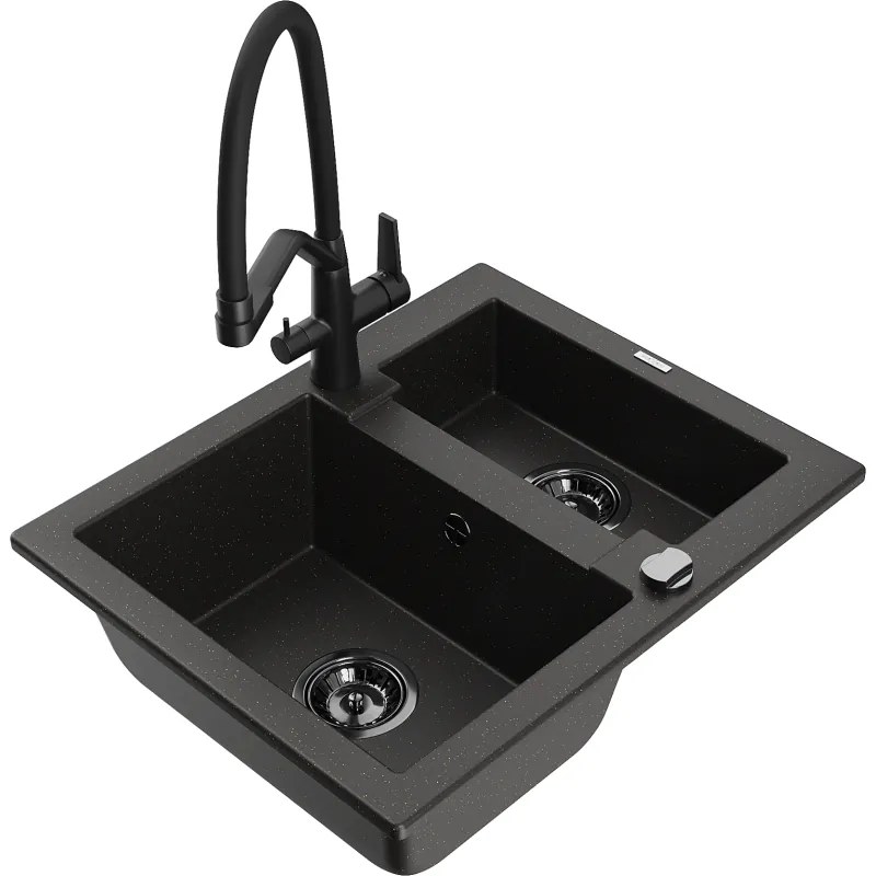 Mexen Carlos chiuvetă de bucătărie din granit cu 1,5 compartimente și baterie Duo, negru/auriu metalizat - 6518-75-671701-70-B